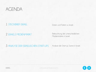 AGENDA
1 STECKBRIEF ISRAEL

Daten und Fakten zu Israel.

2 ISRAELS MEDIENMARKT

Beleuchtung der unterschiedlichen
Medienmärkte in Israel.

3 ANALYSE DER ISRAELISCHEN START-UPS

Analyse der Start-up Szene in Israel.

ISRAEL

SLIDESHARE.NET/DANIELSCHECK

 