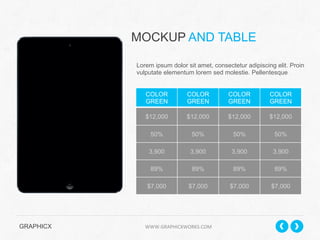 MOCKUP AND TABLE
Lorem ipsum dolor sit amet, consectetur adipiscing elit. Proin
vulputate elementum lorem sed molestie. Pellentesque
COLOR
GREEN

COLOR
GREEN

COLOR
GREEN

COLOR
GREEN

$12,000

$12,000

$12,000

$12,000

50%

50%

50%

50%

3,900

3,900

3,900

3,900

89%

89%

89%

89%

$7,000

$7,000

$7,000

$7,000

GRAPHICX 	
  	
  	
  	
  	
  	
  	
  	
  	
  	
  	
  	
  	
  	
  	
  	
  	
  	
  	
  	
  	
  	
  	
  	
  	
  	
  	
  	
  	
  	
  	
  	
  	
  	
  	
  	
  	
  	
  	
  	
  	
  	
  	
  	
  	
  	
  	
  	
  	
  	
  	
  	
  	
  	
  	
  	
  	
  	
  	
  	
  	
  	
  	
  	
  	
  	
  	
  	
  	
  	
  	
  	
  	
  	
  	
  WWW.GRAPHICXWORKS.COM	
  

 