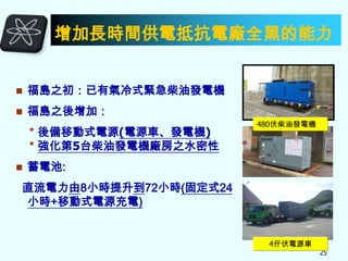增加長時間供電抵抗電廠全黑的能力


福島之初：已有氣冷式緊急柴油發電機



福島之後增加：
＊後備移動式電源(電源車、發電機)
＊強化第5台柴油發電機廠房之水密性



480伏柴油發電機

蓄電池:

直流電力由8小時提升到72小時(固定式24
小時+移動式電源充電)

4仟伏電源車

25

 