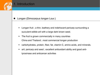 1. Introduction

 Longan (Dimocarpus longan Lour.)

 Longan fruit ; a thin, leathery and indehiscent pericarp surrounding a
succulent edible aril with a large dark brown seed.
 The fruit is grown commercially in many countries
China and Thailand ; most commercial longan production
 carbohydrates, protein, fiber, fat, vitamin C, amino acids, and minerals.
 aril, pericarp and seed ; excellent antioxidant ability and good antityrosinase and anticancer activities

 