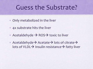 Guess the Substrate?
• Only metabolized in the liver
• 4x substrate hits the liver
• Acetaldehyde  ROS toxic to liver
• Acetaldehyde Acetate lots of citrate
lots of VLDL Insulin resistance fatty liver
 