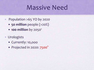 Massive Need
• Population >65 YO by 2020
• 50 million people (>20%)
• 100 million by 20501
• Urologists
• Currently: 10,ooo
• Projected in 2020: 7500*
 