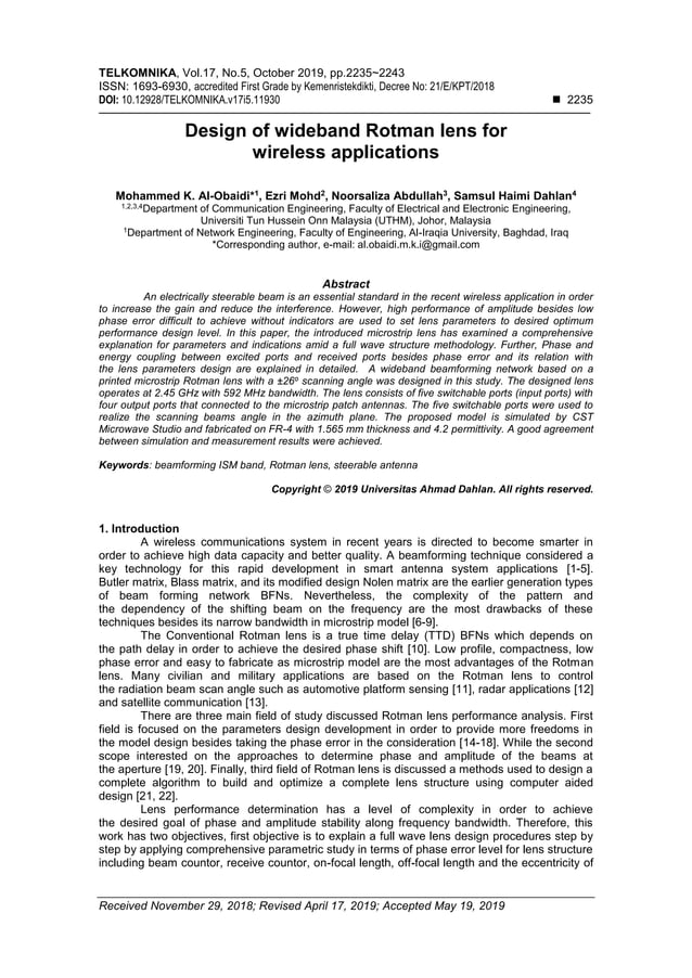 Design of wideband Rotman lens for wireless applications | PDF