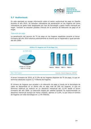 5.7 Audiovisual.

En este apartado se recoge información sobre el sector audiovisual de pago en España
durante el año 2010. Se estudian indicadores de penetración en los hogares así como
indicadores de gasto total desglosado por tipo de tecnología y gasto medio mensual por
hogar. También se estudian posibles motivos de la carencia de televisión de pago en el
hogar.

Televisión de pago
La penetración del servicio de TV de pago en los hogares españoles durante el tercer
trimestre del año 2010 alcanza prácticamente la misma que la registrada a igual periodo
del año 2009.



                                   Gráfico 77. Hogares con TV de Pago (%)

                       III TRIM 2010

                                                                23,3
                                                                         21,8                21,9
                                                                                   21,3
                                        21,9%

                      78,1%




                 Hogar con Tv de Pago
                                                             TRIM109   TRIM309   TRIM110   TRIM310
                 Hogar sin Tv de Pago



Base: Total hogares                                                    Fuente: Panel Hogares, ONTSI


A tercer trimestre de 2010, el 21,9% de los hogares disponen de TV de pago, lo que en
terminos absolutos supone 3,7 millones de hogares.


El número de hogares que acceden a la televisión de pago a través de la tecnología de
cable ha descendido en el último año en algo más de 200 mil hogares, lo que en
términos relativos se traduce en un descenso interanual del 13,3% desde el tercer
trimestre del año 2009. La televisión digital por satélite también ha experimentado un
descenso interanual aunque de menor impacto, apenas un 2,6%, lo que sitúa el número
de hogares con esta tecnología en 1,179 millones.




                                                                                                     109
 
