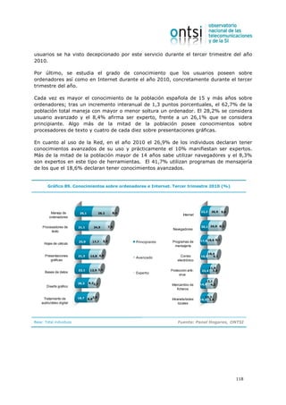 usuarios se ha visto decepcionado por este servicio durante el tercer trimestre del año
2010.

Por último, se estudia el grado de conocimiento que los usuarios poseen sobre
ordenadores así como en Internet durante el año 2010, concretamente durante el tercer
trimestre del año.

Cada vez es mayor el conocimiento de la población española de 15 y más años sobre
ordenadores; tras un incremento interanual de 1,3 puntos porcentuales, el 62,7% de la
población total maneja con mayor o menor soltura un ordenador. El 28,2% se considera
usuario avanzado y el 8,4% afirma ser experto, frente a un 26,1% que se considera
principiante. Algo más de la mitad de la población posee conocimientos sobre
procesadores de texto y cuatro de cada diez sobre presentaciones gráficas.

En cuanto al uso de la Red, en el año 2010 el 26,9% de los individuos declaran tener
conocimientos avanzados de su uso y prácticamente el 10% manifiestan ser expertos.
Más de la mitad de la población mayor de 14 años sabe utilizar navegadores y el 8,3%
son expertos en este tipo de herramientas. El 41,7% utilizan programas de mensajería
de los que el 18,6% declaran tener conocimientos avanzados.


        Gráfico 89. Conocimientos sobre ordenadores e Internet. Tercer trimestre 2010 (%)




          Manejo de                                 8,4                                     22,2     26,9   9,6
                           26,1            28,2
                                                                                 Internet
         ordenadores

     Procesadores de      21,1       24,9         7,0                                       20,1 24,9 8,3
                                                                          Navegadores
          texto


                          23,0      17,7      5,5         Principiante    Programas de      17,0 18,6 6,1
     Hojas de cálculo
                                                                           mensajería

                                                                                                   18,4
      Presentaciones      21,3     14,8 4,0                                    Correo       16,9      5,1
                                                          Avanzado
         gráficas                                                            electrónico

                                                                                                    11,8
                          22,1     12,9 3,4                              Protección anti-    23,4     3,0
      Bases de datos                                      Experto             virus
                                                                                                13,2
                          20,3    9,22,7                                                    14,4 4,2
       Diseño gráfico                                                    Intercambio de
                                                                             ficheros

                          18,7       2,9                                                       10,3
     Tratamiento de               8,8                                     Intranets/redes   16,2 3,4
    audio/vídeo digital                                                        locales




Base: Total individuos                                                       Fuente: Panel Hogares, ONTSI




                                                                                                                  118
 