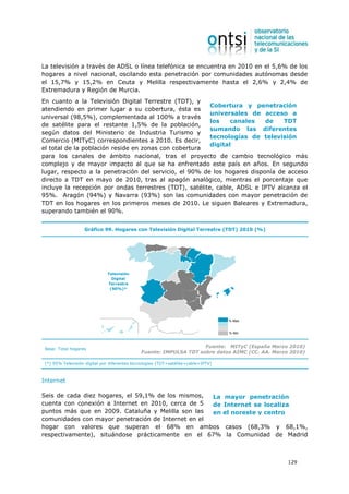 La televisión a través de ADSL o línea telefónica se encuentra en 2010 en el 5,6% de los
hogares a nivel nacional, oscilando esta penetración por comunidades autónomas desde
el 15,7% y 15,2% en Ceuta y Melilla respectivamente hasta el 2,6% y 2,4% de
Extremadura y Región de Murcia.
En cuanto a la Televisión Digital Terrestre (TDT), y
                                                         Cobertura y penetración
atendiendo en primer lugar a su cobertura, ésta es
                                                         universales de acceso a
universal (98,5%), complementada al 100% a través
                                                         los    canales   de    TDT
de satélite para el restante 1,5% de la población,
                                                         sumando las diferentes
según datos del Ministerio de Industria Turismo y
                                                         tecnologías de televisión
Comercio (MITyC) correspondientes a 2010. Es decir,
                                                         digital
el total de la población reside en zonas con cobertura
para los canales de ámbito nacional, tras el proyecto de cambio tecnológico más
complejo y de mayor impacto al que se ha enfrentado este país en años. En segundo
lugar, respecto a la penetración del servicio, el 90% de los hogares disponía de acceso
directo a TDT en mayo de 2010, tras al apagón analógico, mientras el porcentaje que
incluye la recepción por ondas terrestres (TDT), satélite, cable, ADSL e IPTV alcanza el
95%. Aragón (94%) y Navarra (93%) son las comunidades con mayor penetración de
TDT en los hogares en los primeros meses de 2010. Le siguen Baleares y Extremadura,
superando también el 90%.


                   Gráfico 99. Hogares con Televisión Digital Terrestre (TDT) 2010 (%)




                              Televisión
                                Digital
                              Terrestre
                               (90%)*




                                                                                    % Max


                                                                                    % Min



 Base: Total hogares
                                                                    Fuente: MITyC (España Marzo 2010)
                                              Fuente: IMPULSA TDT sobre datos AIMC (CC. AA. Marzo 2010)

 (*) 95% Televisión digital por diferentes tecnologías (TDT+satélite+cable+IPTV)



Internet

Seis de cada diez hogares, el 59,1% de los mismos,  La                             mayor penetración
cuenta con conexión a Internet en 2010, cerca de 5  de                             Internet se localiza
puntos más que en 2009. Cataluña y Melilla son las  en                             el noreste y centro
comunidades con mayor penetración de Internet en el
hogar con valores que superan el 68% en ambos                                      casos (68,3% y 68,1%,
respectivamente), situándose prácticamente en el 67%                               la Comunidad de Madrid



                                                                                                      129
 