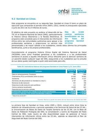 9.2 Sanidad en Línea.

Este programa se encuentra en su segunda fase. Sanidad en Línea II tiene un plazo de
ejecución que comprende el periodo entre 2009 y 2012, siendo el presupuesto ejecutado
a junio de 2011 de 31,9 millones de euros.

El objetivo de este proyecto es acelerar el desarrollo de las Más     de     6.500
TIC en el Sistema Nacional de Salud (SNS), particularmente    centros    sanitarios
la Historia Clínica Electrónica y la Receta Electrónica. El   beneficiados en las
programa está concebido para el intercambio de información    dos     fases     del
clínica entre las comunidades autónomas para apoyar a los     programa     Sanidad
profesionales sanitarios y proporcionar un servicio más       en Línea
personalizado y de mayor calidad a los ciudadanos, siendo éstos últimos los principales
beneficiarios, junto a los propios profesionales.

Concretamente el programa Historia Clínica Digital del Sistema Nacional de Salud
(HCDSNA) tiene como finalidad garantizar a los ciudadanos y a los profesionales
sanitarios el acceso a aquella información clínica relevante para la atención sanitaria de
un paciente desde cualquier lugar del SNS, asegurando a los ciudadanos que la consulta
de sus datos queda restringida a quién está autorizado para ello.


         Tabla 25. Indicadores básicos del programa Sanidad en Línea Fases I y II. Junio 2011

                                                                                 Sanidad en     Sanidad en
                                      Indicador
                                                                                   Línea I       Línea II *
Datos en almacenamiento (Terabytes)                                                      693
                                                                                         693           1268
Ordenadores (PCs) suministrados (todos los tipos)                                     61.002         16.903
Impresoras                                                                            39.151          6.127
                                                                                                        329
Servidores (de alta prestación en Sanidad en Línea II )                                2.167
                                                                                         451            329
Monitores de alta resolución                                                             451              198
Estaciones de alta resolución para quirófanos                                            n.d.             387
Centros sanitarios beneficiados                                                       > 6.000             823
Dependencias de servicios centrales                                                      281              92
Profesionales sanitarios que trabajan en los centros beneficiados                   < 300.000     > 120.000
Ciudadanos adscritos a los centros beneficiados (millones)                           > 39 MM       > 16 MM
* Hasta 30 de Junio de 2011


                                         Fuente: Red.es a partir de datos de los Servicios de Salud del SNS



La primera fase de Sanidad en línea, entre 2005 y 2010, incluyó entre otros hitos la
dotación de infraestructuras y servicios asociados a los Servicios de Salud de las CC.AA.;
la sincronización de Bases de Datos de Tarjeta Sanitaria de las CC.AA. con la Base de
Datos de Población Protegida del SNS; la consolidación y Centro de Respaldo del Nodo
Central de SNS, nodo neutro de alta disponibilidad capaz de gestionar el futuro
intercambio de información clínica entre las CC.AA.; además se desarrolló el Plan de
Seguridad del Nodo Central del SNS.




                                                                                                    204
 