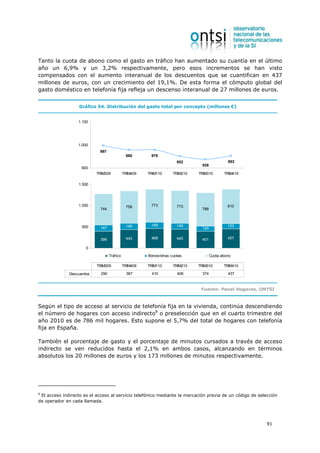 Tanto la cuota de abono como el gasto en tráfico han aumentado su cuantía en el último
año un 6,9% y un 3,2% respectivamente, pero esos incrementos se han visto
compensados con el aumento interanual de los descuentos que se cuantifican en 437
millones de euros, con un crecimiento del 19,1%. De esta forma el cómputo global del
gasto doméstico en telefonía fija refleja un descenso interanual de 27 millones de euros.


                  Gráfico 54. Distribución del gasto total por concepto (millones €)


                  1.100




                  1.000
                            997
                                              980       979
                                                                      952                      953
                                                                                938
                    900
                           TRIM309           TRIM409   TRIM110      TRIM210   TRIM310        TRIM410

                  1.500




                  1.000                       758       773           773                      810
                             744                                                788



                    500                       146       148           140                      123
                             147                                                124

                             396              443       468           445       401            457

                      0

                                   Tráfico             Bonos/otras cuotas             Cuota abono

                           TRIM309           TRIM409   TRIM110      TRIM210   TRIM310        TRIM410

              Descuentos     290               367       410          406       374            437



                                                                               Fuente: Panel Hogares, ONTSI


Según el tipo de acceso al servicio de telefonía fija en la vivienda, continúa descendiendo
el número de hogares con acceso indirecto8 o preselección que en el cuarto trimestre del
año 2010 es de 786 mil hogares. Esto supone el 5,7% del total de hogares con telefonía
fija en España.

También el porcentaje de gasto y el porcentaje de minutos cursados a través de acceso
indirecto se ven reducidos hasta el 2,1% en ambos casos, alcanzando en términos
absolutos los 20 millones de euros y los 173 millones de minutos respectivamente.




8
 El acceso indirecto es el acceso al servicio telefónico mediante la marcación previa de un código de selección
de operador en cada llamada.




                                                                                                          91
 