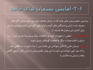 ‫ًای‬‫کاغذ‬‫ظامل‬‫ظٍهد‬‫می‬‫تٍلید‬‫مختلف‬‫اخل‬‫ر‬‫م‬‫در‬‫کي‬‫جامد‬‫ًای‬‫پشمان‬‫خجم‬‫بیطترین‬
‫باظود‬‫می‬‫لٍدى‬‫ا‬‫ی‬‫فلز‬‫لٍلزم‬‫و‬‫لٍدى‬‫ا‬‫ًای‬‫دصتکض‬‫و‬‫ظدى،لباس‬‫مػرف‬.‫متداول‬‫ظٌای‬‫و‬‫ر‬
‫از‬‫تود‬‫ر‬‫غبا‬‫ًا‬‫پشمان‬‫این‬‫مایض‬‫ا‬‫ای‬‫ر‬‫ب‬:
-‫کردن‬‫لفػي‬‫لفػي‬:‫جدا‬‫از‬‫لبل‬‫بایشتی‬‫ًا‬‫پشمان‬ ‫گ‬‫ر‬‫بز‬‫لفػات‬‫یا‬‫و‬‫لٍدى‬‫ا‬‫ات‬‫ز‬‫تجٌی‬‫از‬‫بػؾی‬
‫ظٍهد‬‫تبدیل‬‫تر‬‫کٍچک‬‫لفػات‬‫بي‬‫دیگر‬‫غملیات‬‫اهجام‬‫و‬‫ی‬‫صاز‬.
-‫اهیدن‬‫ز‬ٍ‫ص‬:‫بوام‬‫دصتگاًی‬‫در‬‫ی‬‫صاز‬‫جدا‬‫از‬‫پس‬‫باظود‬‫می‬‫اهدن‬‫ز‬ٍ‫ص‬‫لابل‬‫کي‬‫ی‬‫ًای‬‫پشمان‬
‫ظٍهد‬‫می‬‫اهدى‬‫ز‬ٍ‫ص‬‫اتمی‬‫ز‬ٍ‫ص‬‫زبالي‬.‫کاًض‬‫تٍجٌی‬‫لابل‬‫ان‬‫ز‬‫می‬‫بي‬‫پشمان‬‫خجم‬‫ش‬‫و‬‫ر‬‫این‬‫با‬
‫با‬‫خاکشتر‬‫بي‬‫تبدیل‬‫و‬‫یافتي‬
25
 