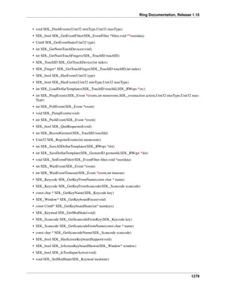 Ring Documentation, Release 1.10
• void SDL_FlushEvents(Uint32 minType,Uint32 maxType)
• SDL_bool SDL_GetEventFilter(SDL_EventFilter *ﬁlter,void **userdata)
• Uint8 SDL_GetEventState(Uint32 type)
• int SDL_GetNumTouchDevices(void)
• int SDL_GetNumTouchFingers(SDL_TouchID touchID)
• SDL_TouchID SDL_GetTouchDevice(int index)
• SDL_Finger* SDL_GetTouchFinger(SDL_TouchID touchID,int index)
• SDL_bool SDL_HasEvent(Uint32 type)
• SDL_bool SDL_HasEvents(Uint32 minType,Uint32 maxType)
• int SDL_LoadDollarTemplates(SDL_TouchID touchId,SDL_RWops *src)
• int SDL_PeepEvents(SDL_Event *events,int numevents,SDL_eventaction action,Uint32 minType,Uint32 max-
Type)
• int SDL_PollEvent(SDL_Event *event)
• void SDL_PumpEvents(void)
• int SDL_PushEvent(SDL_Event *event)
• SDL_bool SDL_QuitRequested(void)
• int SDL_RecordGesture(SDL_TouchID touchId)
• Uint32 SDL_RegisterEvents(int numevents)
• int SDL_SaveAllDollarTemplates(SDL_RWops *dst)
• int SDL_SaveDollarTemplate(SDL_GestureID gestureId,SDL_RWops *dst)
• void SDL_SetEventFilter(SDL_EventFilter ﬁlter,void *userdata)
• int SDL_WaitEvent(SDL_Event *event)
• int SDL_WaitEventTimeout(SDL_Event *event,int timeout)
• SDL_Keycode SDL_GetKeyFromName(const char * name)
• SDL_Keycode SDL_GetKeyFromScancode(SDL_Scancode scancode)
• const char * SDL_GetKeyName(SDL_Keycode key)
• SDL_Window* SDL_GetKeyboardFocus(void)
• const Uint8* SDL_GetKeyboardState(int* numkeys)
• SDL_Keymod SDL_GetModState(void)
• SDL_Scancode SDL_GetScancodeFromKey(SDL_Keycode key)
• SDL_Scancode SDL_GetScancodeFromName(const char * name)
• const char * SDL_GetScancodeName(SDL_Scancode scancode)
• SDL_bool SDL_HasScreenKeyboardSupport(void)
• SDL_bool SDL_IsScreenKeyboardShown(SDL_Window* window)
• SDL_bool SDL_IsTextInputActive(void)
• void SDL_SetModState(SDL_Keymod modstate)
1279
 