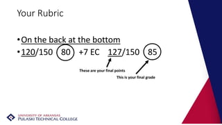 Your Rubric
•On the back at the bottom
•120/150 80 +7 EC 127/150 85
This is your final grade
These are your final points
 