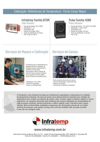Calibração: Referências de Temperatura - Forno Corpo Negro

                Infratemp Família 970R                                                       Fluke Família 4280
                Tubo Vertical                                                                Placa Vertical
                ? temperatura: 150 a 1200ºC
                Faixa de                                                                     ? temperatura: -15 a 120ºC e 35 a 500ºC
                                                                                             Faixa de
                Estabilidade: +/- 1ºC
                ?                                                                            Estabilidade: +/- 0,05 a 0,40ºC
                                                                                             ?
                Emissividade: 0,98
                ?                                                                            Emissividade: 0,95
                                                                                             ?
                ? da cavidade: 20mm
                Diâmetro                                                                     ? da cavidade: 152,4mm
                                                                                             Diâmetro
                ?de estabilização: 20 minutos
                Tempo                                                                        ?de estabilização: 10 minutos
                                                                                             Tempo
                Peso: 9,7kg com inserto
                ?                                                                            Peso: 9,1kg
                                                                                             ?




Serviços de Reparo e Calibração                                Serviços de Campo


                      A Infratemp possui um Departamento de
                      Assistência Técnica e Laboratório de
                      Calibração próprios. Especializada em
                      pirômetros e termovisores
                      infravermelhos, além de sistemas de
                      visão CCTV para processos industriais,
                      ela é a garantia que nossos clientes
                      sempre contarão com assistência local.

                                                               • Start-up (partida) de pirômetros, scanners,
                      • Calibração de -20 a 1700ºC               câmeras infravermelhas e sistemas de visão
                      • Conserto e manutenção                  • Check-up (verificação)
                      • Check-up (verificação total)           • Treinamentos de operação e manutenção




         A Infratemp é uma empresa formada por profissionais capacitados e experientes em medição
         de temperatura industrial. Há mais de quinze anos desenvolvemos soluções para medição de
         temperatura sem contato na indústria de metais, vidro, cimento, papel e celulose, plástico e outros
         segmentos. As soluções oferecidas pela Infratemp são sempre adaptadas às necessidades de
         cada processo industrial, sempre buscando a melhor relação custo x benefício para nossos
         clientes. Maior produtividade, qualidade e segurança são alcançados através de um melhor
         controle do processo, que sempre começa com uma boa medição. Não se pode controlar
         o que não se consegue medir.




                                      www.infratemp.com.br
     Rua Antonio Carlos de Barros Bruni no. 211 - Jardim Centro Empresarial Alfa CEP 18052-015 - Sorocaba SP
                     Fone 55 (15) 3229-6050 - Fax 55 (15) 3229-6051 - info@infratemp.com.br
 