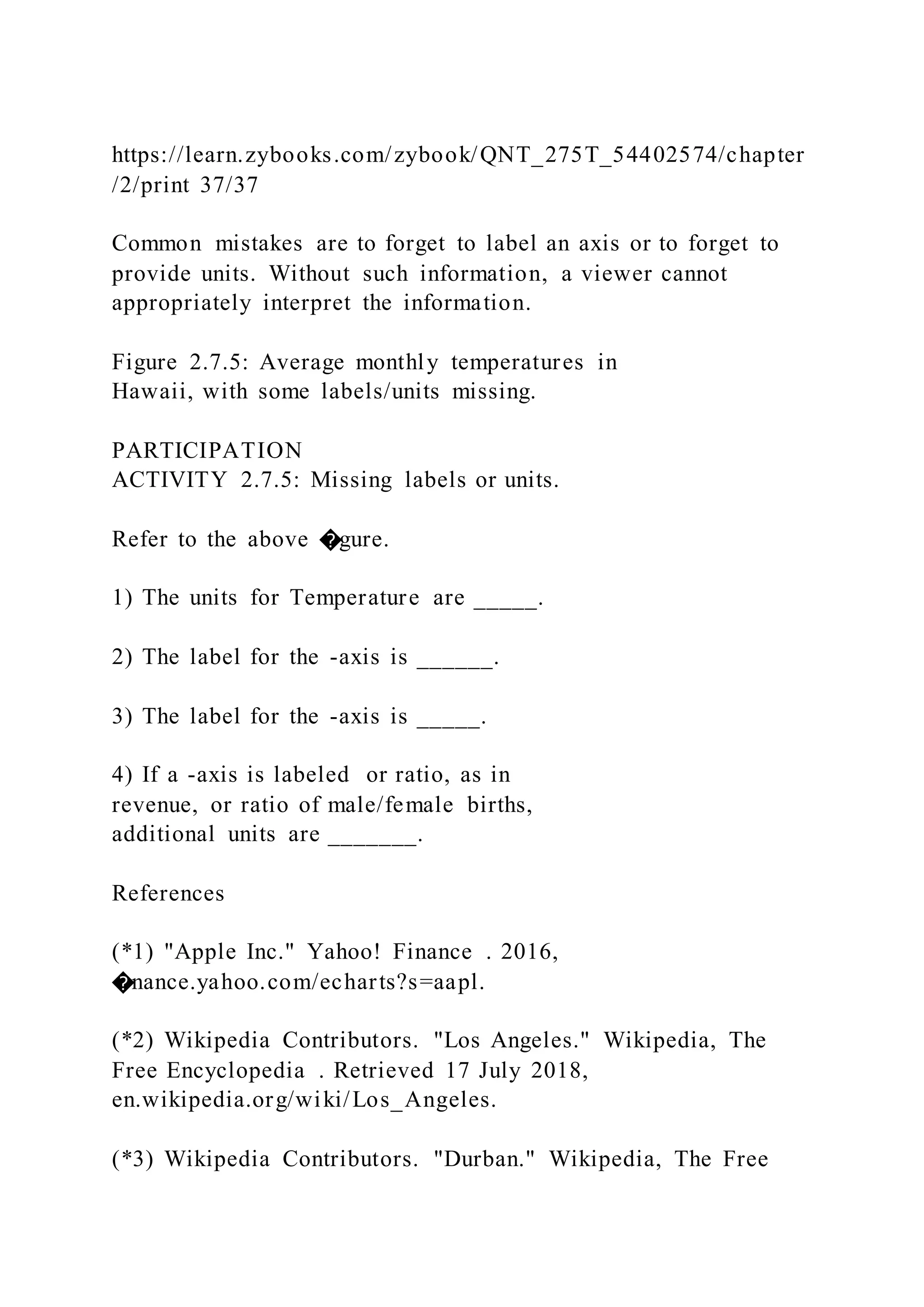 https://learn.zybooks.com/zybook/QNT_275T_54402574/chapter
/2/print 37/37
Common mistakes are to forget to label an axis or to forget to
provide units. Without such information, a viewer cannot
appropriately interpret the information.
Figure 2.7.5: Average monthly temperatures in
Hawaii, with some labels/units missing.
PARTICIPATION
ACTIVITY 2.7.5: Missing labels or units.
Refer to the above �gure.
1) The units for Temperature are _____.
2) The label for the -axis is ______.
3) The label for the -axis is _____.
4) If a -axis is labeled or ratio, as in
revenue, or ratio of male/female births,
additional units are _______.
References
(*1) "Apple Inc." Yahoo! Finance . 2016,
�nance.yahoo.com/echarts?s=aapl.
(*2) Wikipedia Contributors. "Los Angeles." Wikipedia, The
Free Encyclopedia . Retrieved 17 July 2018,
en.wikipedia.org/wiki/Los_Angeles.
(*3) Wikipedia Contributors. "Durban." Wikipedia, The Free
 