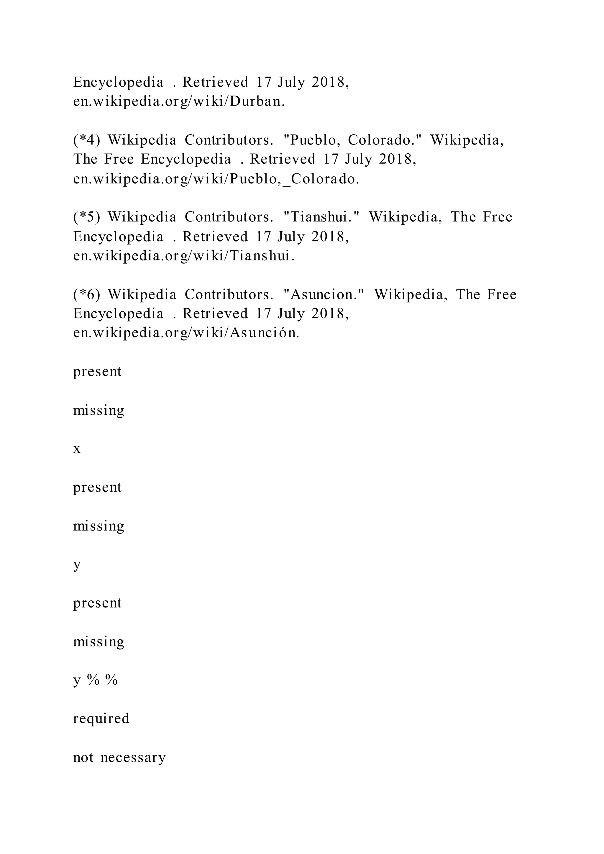 Encyclopedia . Retrieved 17 July 2018,
en.wikipedia.org/wiki/Durban.
(*4) Wikipedia Contributors. "Pueblo, Colorado." Wikipedia,
The Free Encyclopedia . Retrieved 17 July 2018,
en.wikipedia.org/wiki/Pueblo,_Colorado.
(*5) Wikipedia Contributors. "Tianshui." Wikipedia, The Free
Encyclopedia . Retrieved 17 July 2018,
en.wikipedia.org/wiki/Tianshui.
(*6) Wikipedia Contributors. "Asuncion." Wikipedia, The Free
Encyclopedia . Retrieved 17 July 2018,
en.wikipedia.org/wiki/Asunción.
present
missing
x
present
missing
y
present
missing
y % %
required
not necessary
 