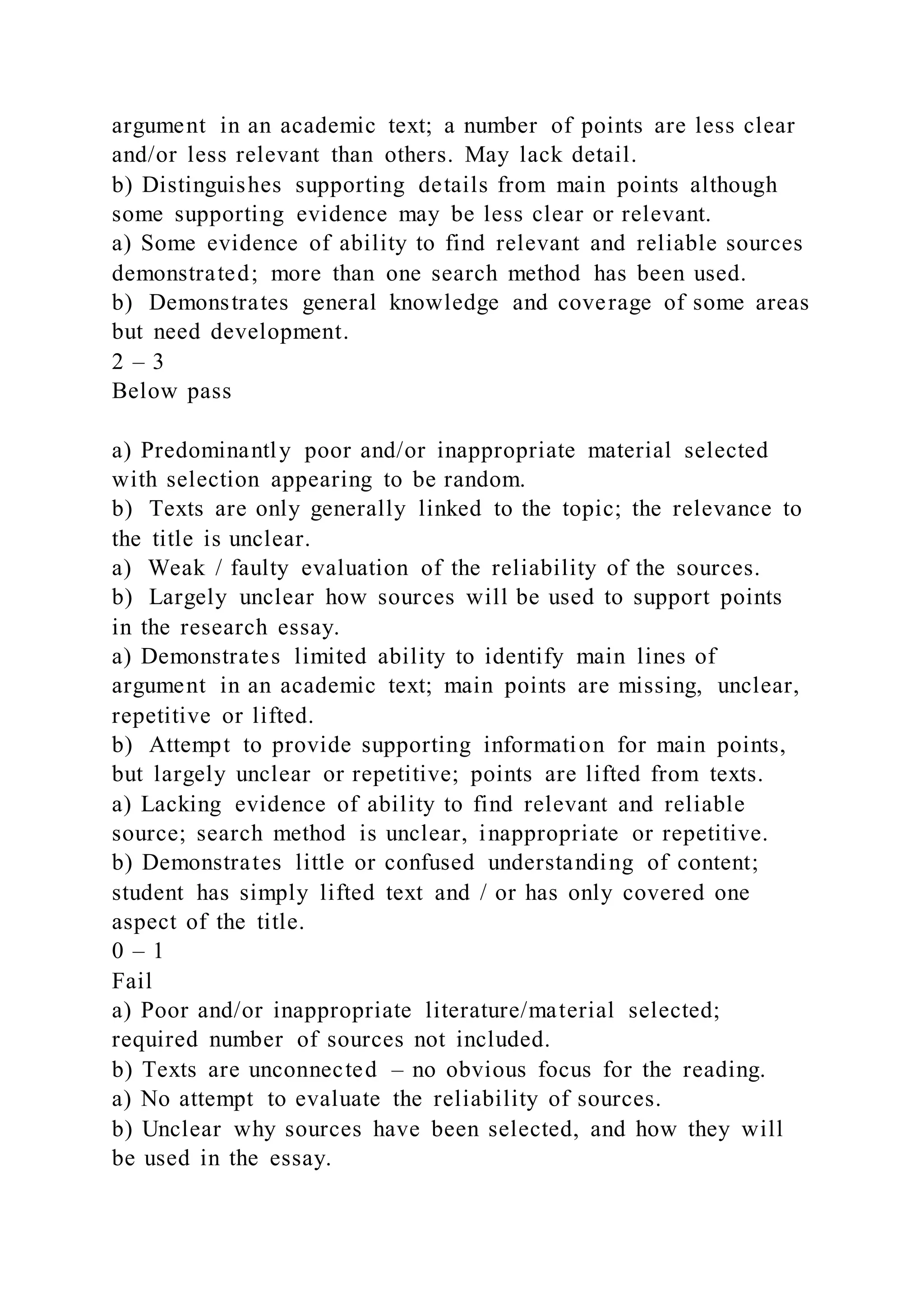 argument in an academic text; a number of points are less clear
and/or less relevant than others. May lack detail.
b) Distinguishes supporting details from main points although
some supporting evidence may be less clear or relevant.
a) Some evidence of ability to find relevant and reliable sources
demonstrated; more than one search method has been used.
b) Demonstrates general knowledge and coverage of some areas
but need development.
2 – 3
Below pass
a) Predominantly poor and/or inappropriate material selected
with selection appearing to be random.
b) Texts are only generally linked to the topic; the relevance to
the title is unclear.
a) Weak / faulty evaluation of the reliability of the sources.
b) Largely unclear how sources will be used to support points
in the research essay.
a) Demonstrates limited ability to identify main lines of
argument in an academic text; main points are missing, unclear,
repetitive or lifted.
b) Attempt to provide supporting information for main points,
but largely unclear or repetitive; points are lifted from texts.
a) Lacking evidence of ability to find relevant and reliable
source; search method is unclear, inappropriate or repetitive.
b) Demonstrates little or confused understanding of content;
student has simply lifted text and / or has only covered one
aspect of the title.
0 – 1
Fail
a) Poor and/or inappropriate literature/material selected;
required number of sources not included.
b) Texts are unconnected – no obvious focus for the reading.
a) No attempt to evaluate the reliability of sources.
b) Unclear why sources have been selected, and how they will
be used in the essay.
 