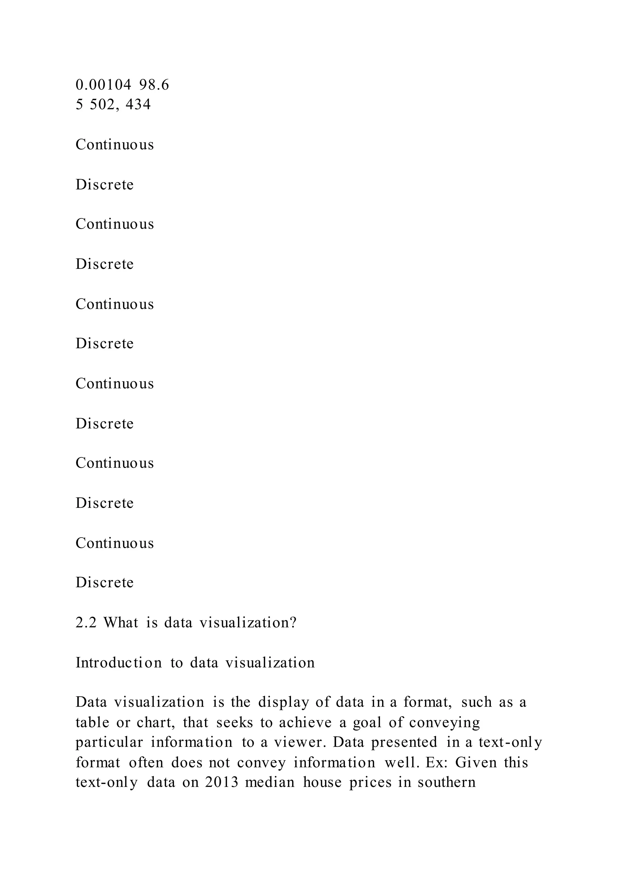 0.00104 98.6
5 502, 434
Continuous
Discrete
Continuous
Discrete
Continuous
Discrete
Continuous
Discrete
Continuous
Discrete
Continuous
Discrete
2.2 What is data visualization?
Introduction to data visualization
Data visualization is the display of data in a format, such as a
table or chart, that seeks to achieve a goal of conveying
particular information to a viewer. Data presented in a text-only
format often does not convey information well. Ex: Given this
text-only data on 2013 median house prices in southern
 