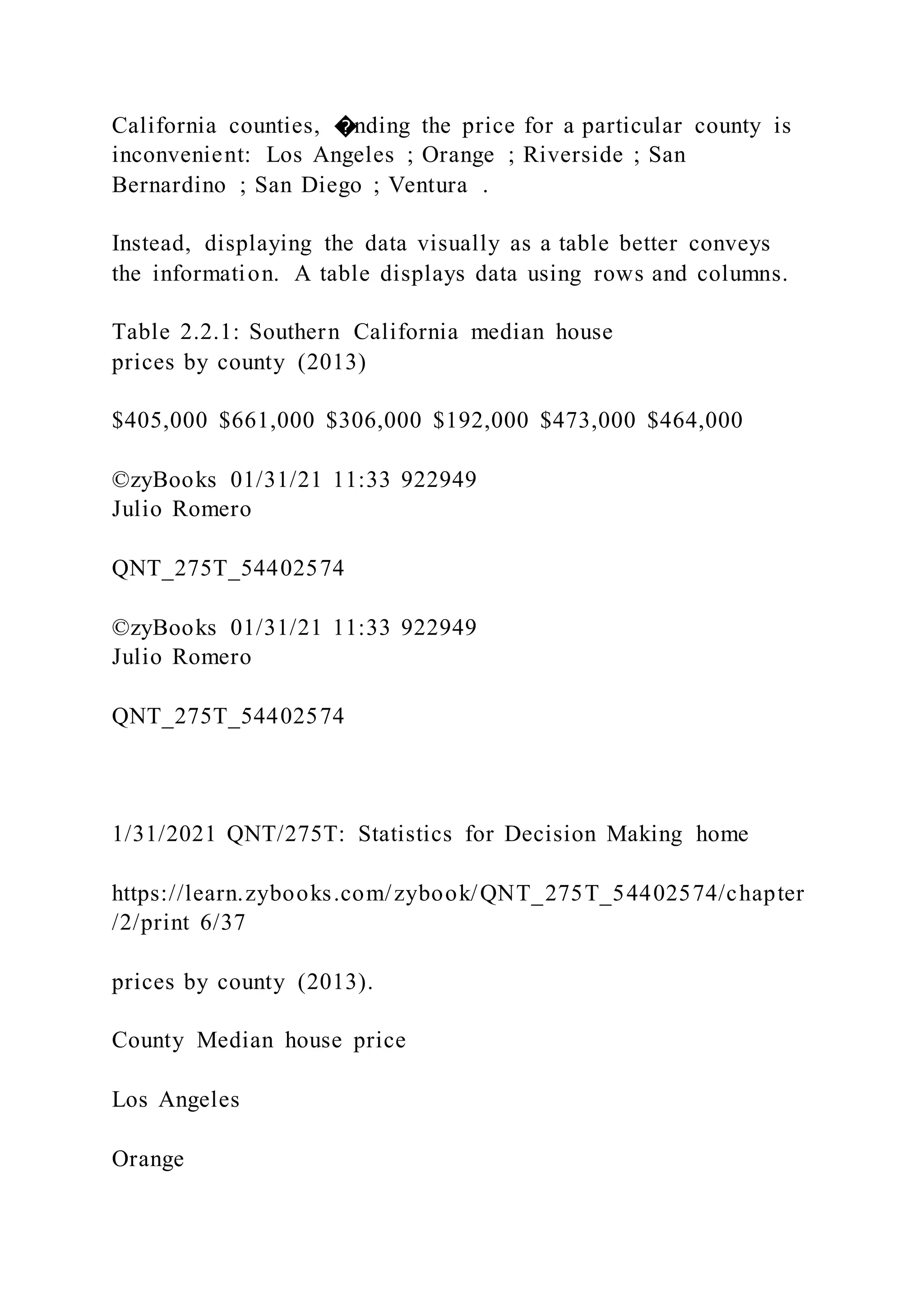 California counties, �nding the price for a particular county is
inconvenient: Los Angeles ; Orange ; Riverside ; San
Bernardino ; San Diego ; Ventura .
Instead, displaying the data visually as a table better conveys
the information. A table displays data using rows and columns.
Table 2.2.1: Southern California median house
prices by county (2013)
$405,000 $661,000 $306,000 $192,000 $473,000 $464,000
©zyBooks 01/31/21 11:33 922949
Julio Romero
QNT_275T_54402574
©zyBooks 01/31/21 11:33 922949
Julio Romero
QNT_275T_54402574
1/31/2021 QNT/275T: Statistics for Decision Making home
https://learn.zybooks.com/zybook/QNT_275T_54402574/chapter
/2/print 6/37
prices by county (2013).
County Median house price
Los Angeles
Orange
 