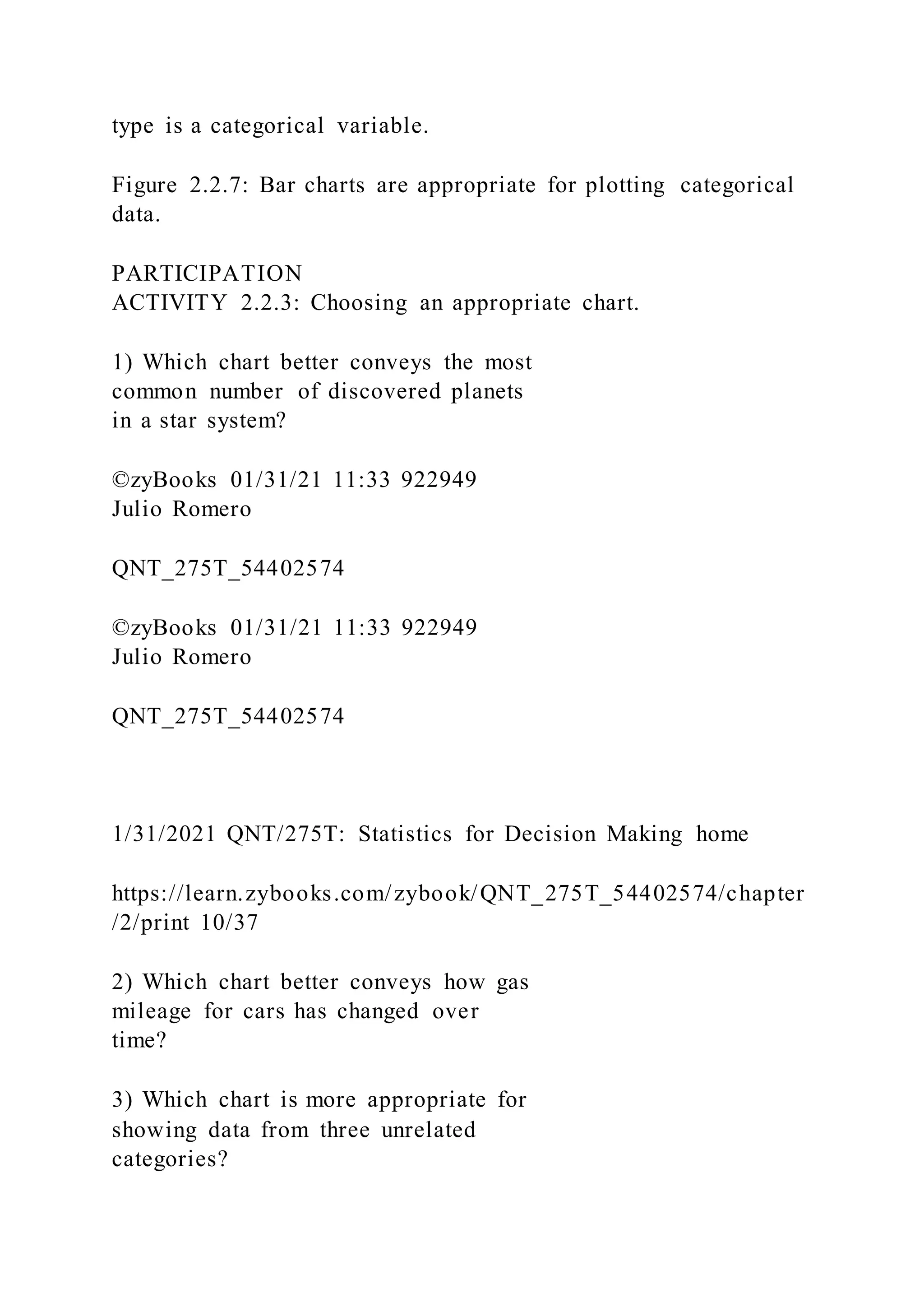 type is a categorical variable.
Figure 2.2.7: Bar charts are appropriate for plotting categorical
data.
PARTICIPATION
ACTIVITY 2.2.3: Choosing an appropriate chart.
1) Which chart better conveys the most
common number of discovered planets
in a star system?
©zyBooks 01/31/21 11:33 922949
Julio Romero
QNT_275T_54402574
©zyBooks 01/31/21 11:33 922949
Julio Romero
QNT_275T_54402574
1/31/2021 QNT/275T: Statistics for Decision Making home
https://learn.zybooks.com/zybook/QNT_275T_54402574/chapter
/2/print 10/37
2) Which chart better conveys how gas
mileage for cars has changed over
time?
3) Which chart is more appropriate for
showing data from three unrelated
categories?
 