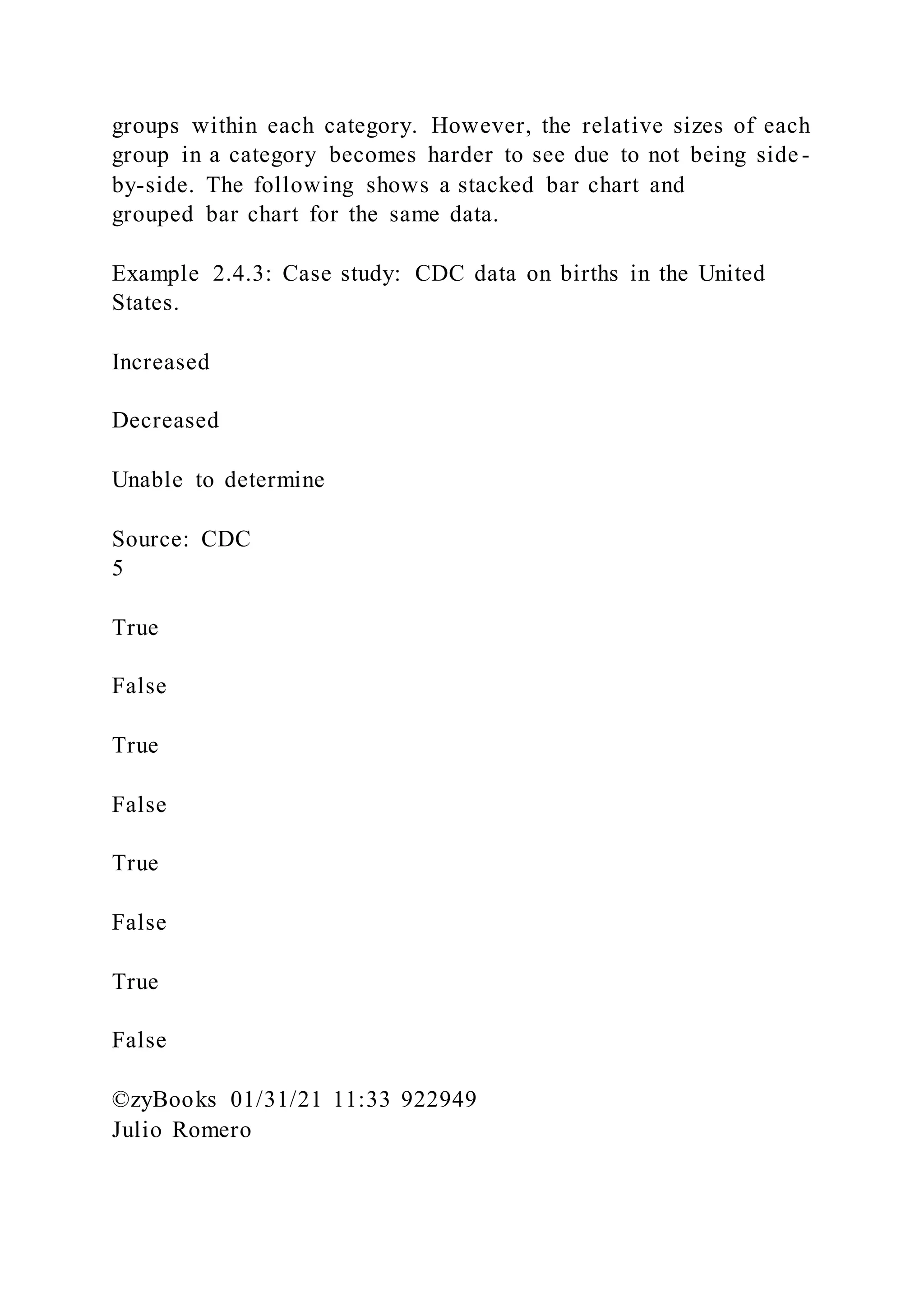 groups within each category. However, the relative sizes of each
group in a category becomes harder to see due to not being side-
by-side. The following shows a stacked bar chart and
grouped bar chart for the same data.
Example 2.4.3: Case study: CDC data on births in the United
States.
Increased
Decreased
Unable to determine
Source: CDC
5
True
False
True
False
True
False
True
False
©zyBooks 01/31/21 11:33 922949
Julio Romero
 