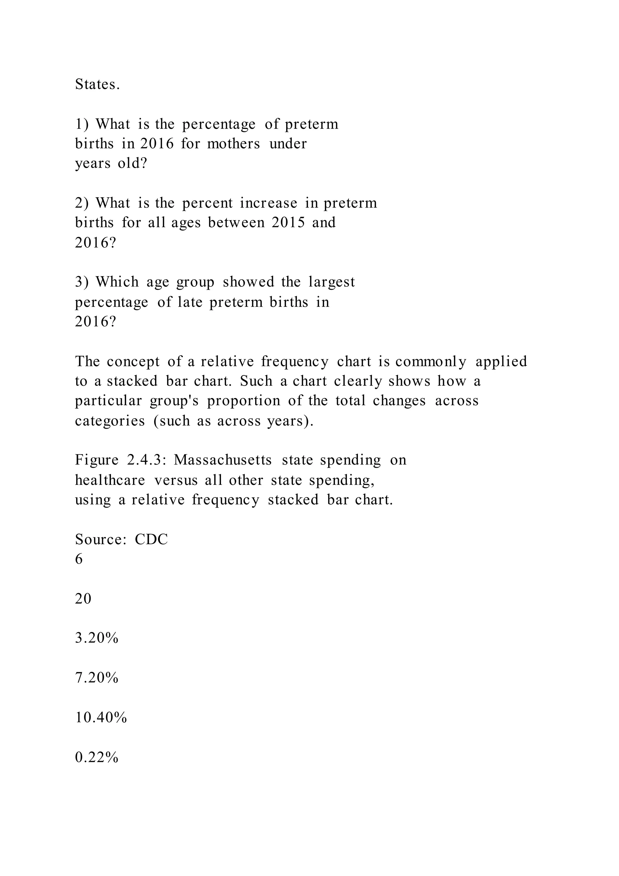 States.
1) What is the percentage of preterm
births in 2016 for mothers under
years old?
2) What is the percent increase in preterm
births for all ages between 2015 and
2016?
3) Which age group showed the largest
percentage of late preterm births in
2016?
The concept of a relative frequency chart is commonly applied
to a stacked bar chart. Such a chart clearly shows how a
particular group's proportion of the total changes across
categories (such as across years).
Figure 2.4.3: Massachusetts state spending on
healthcare versus all other state spending,
using a relative frequency stacked bar chart.
Source: CDC
6
20
3.20%
7.20%
10.40%
0.22%
 
