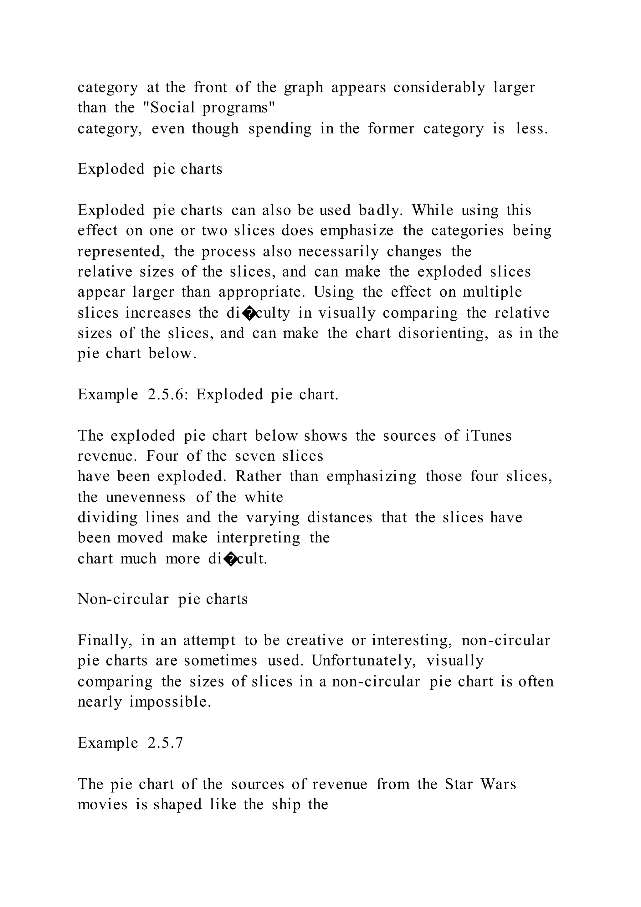 category at the front of the graph appears considerably larger
than the "Social programs"
category, even though spending in the former category is less.
Exploded pie charts
Exploded pie charts can also be used badly. While using this
effect on one or two slices does emphasize the categories being
represented, the process also necessarily changes the
relative sizes of the slices, and can make the exploded slices
appear larger than appropriate. Using the effect on multiple
slices increases the di�culty in visually comparing the relative
sizes of the slices, and can make the chart disorienting, as in the
pie chart below.
Example 2.5.6: Exploded pie chart.
The exploded pie chart below shows the sources of iTunes
revenue. Four of the seven slices
have been exploded. Rather than emphasizing those four slices,
the unevenness of the white
dividing lines and the varying distances that the slices have
been moved make interpreting the
chart much more di�cult.
Non-circular pie charts
Finally, in an attempt to be creative or interesting, non-circular
pie charts are sometimes used. Unfortunately, visually
comparing the sizes of slices in a non-circular pie chart is often
nearly impossible.
Example 2.5.7
The pie chart of the sources of revenue from the Star Wars
movies is shaped like the ship the
 