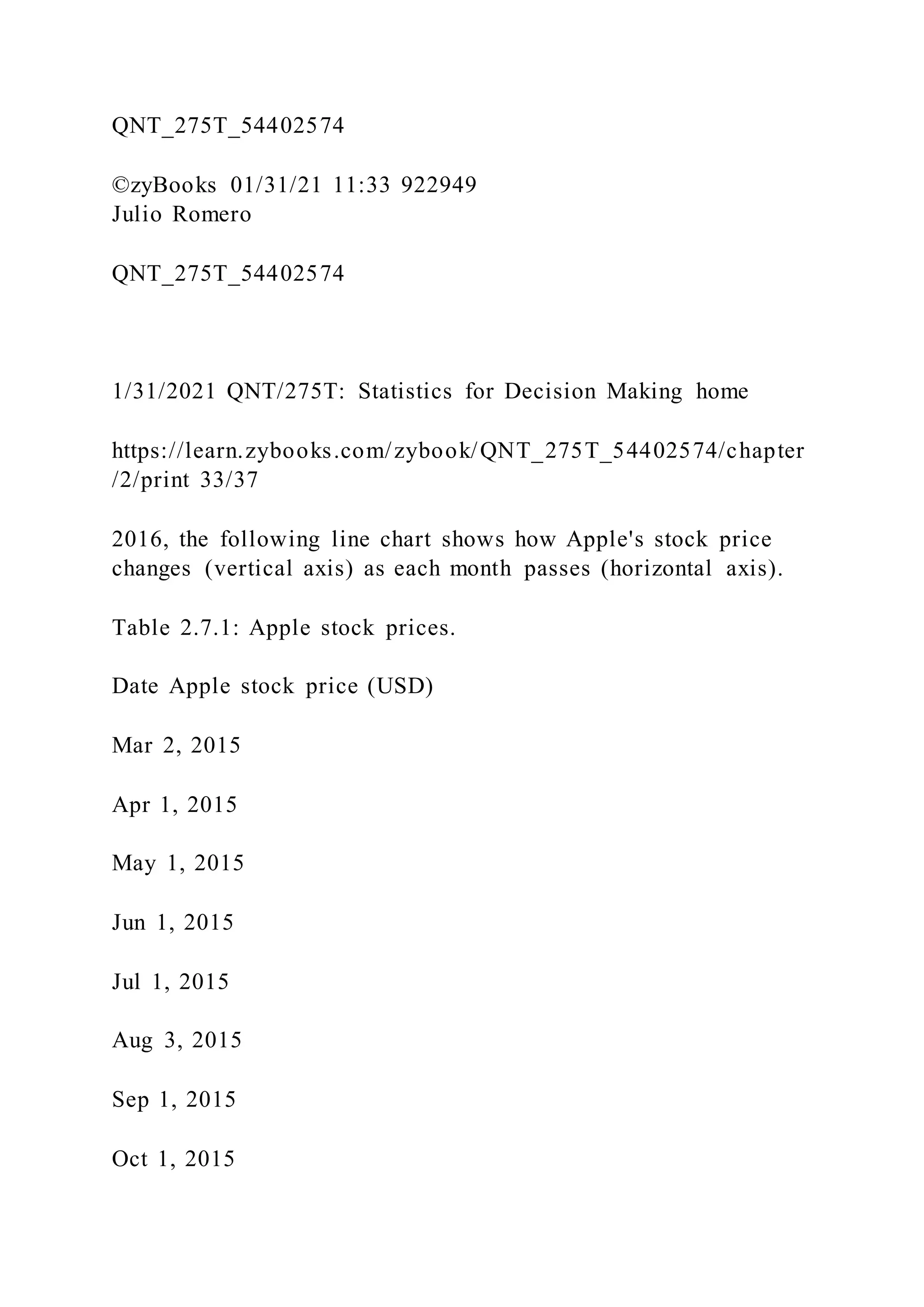 QNT_275T_54402574
©zyBooks 01/31/21 11:33 922949
Julio Romero
QNT_275T_54402574
1/31/2021 QNT/275T: Statistics for Decision Making home
https://learn.zybooks.com/zybook/QNT_275T_54402574/chapter
/2/print 33/37
2016, the following line chart shows how Apple's stock price
changes (vertical axis) as each month passes (horizontal axis).
Table 2.7.1: Apple stock prices.
Date Apple stock price (USD)
Mar 2, 2015
Apr 1, 2015
May 1, 2015
Jun 1, 2015
Jul 1, 2015
Aug 3, 2015
Sep 1, 2015
Oct 1, 2015
 