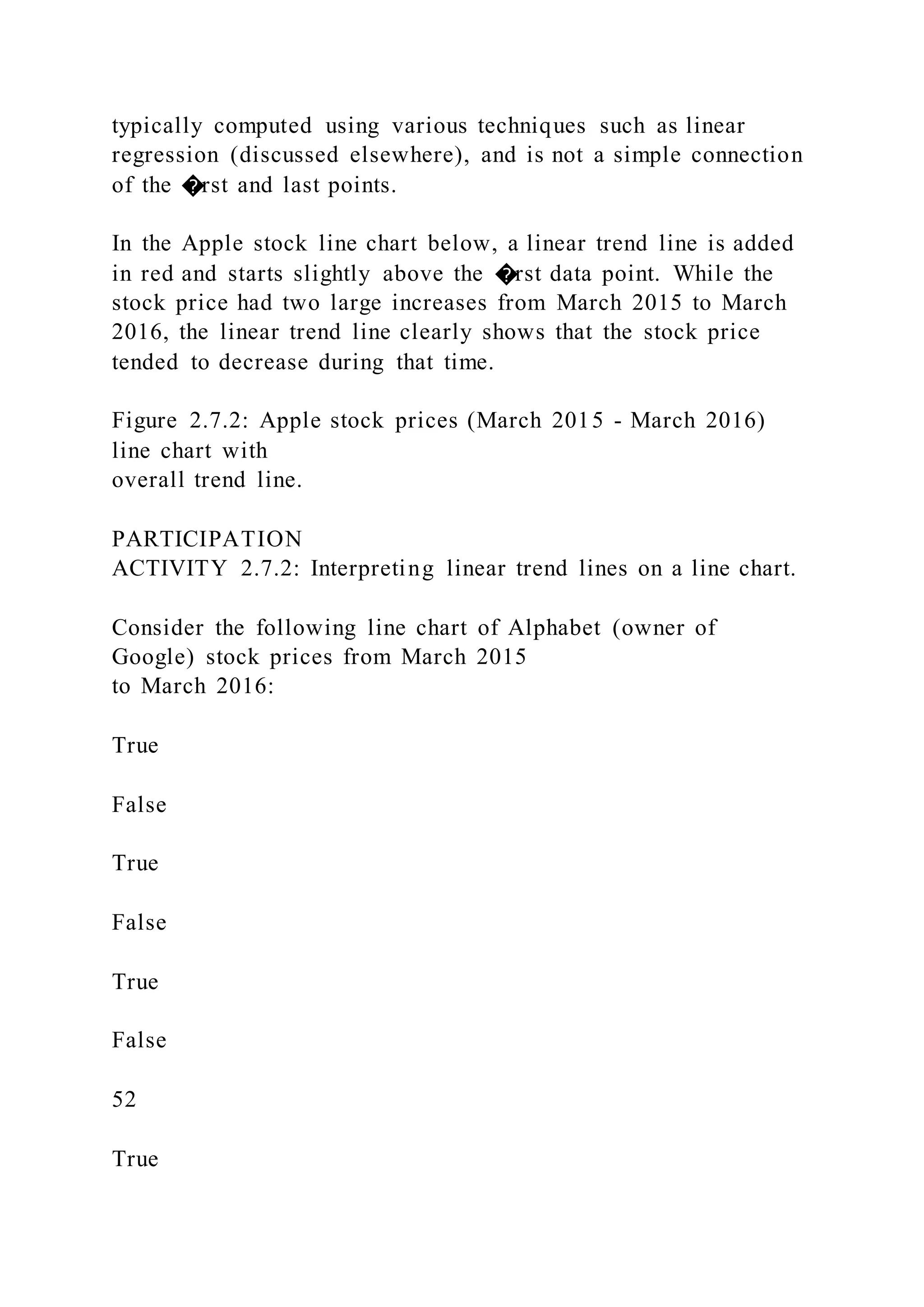 typically computed using various techniques such as linear
regression (discussed elsewhere), and is not a simple connection
of the �rst and last points.
In the Apple stock line chart below, a linear trend line is added
in red and starts slightly above the �rst data point. While the
stock price had two large increases from March 2015 to March
2016, the linear trend line clearly shows that the stock price
tended to decrease during that time.
Figure 2.7.2: Apple stock prices (March 2015 - March 2016)
line chart with
overall trend line.
PARTICIPATION
ACTIVITY 2.7.2: Interpreting linear trend lines on a line chart.
Consider the following line chart of Alphabet (owner of
Google) stock prices from March 2015
to March 2016:
True
False
True
False
True
False
52
True
 