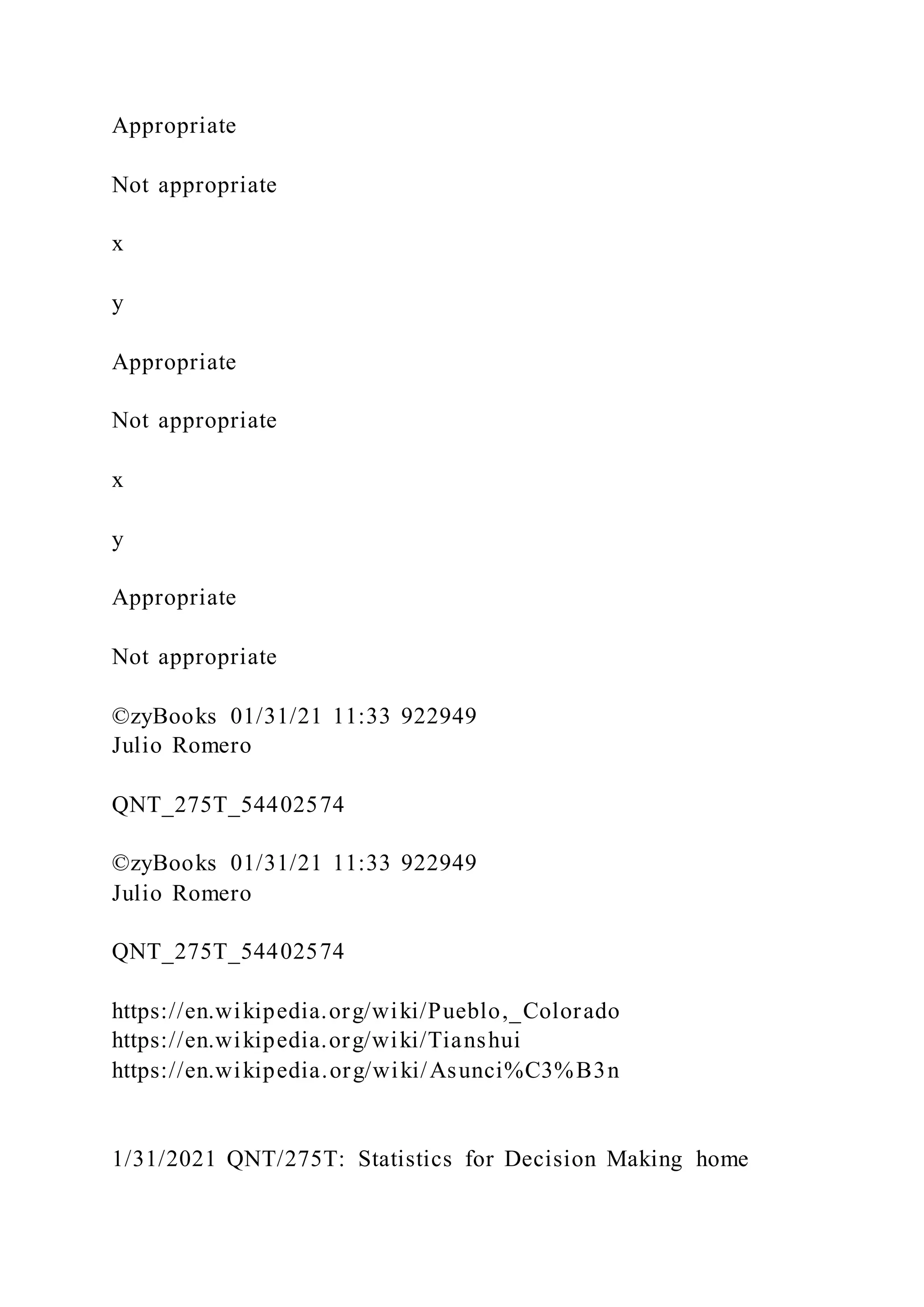 Appropriate
Not appropriate
x
y
Appropriate
Not appropriate
x
y
Appropriate
Not appropriate
©zyBooks 01/31/21 11:33 922949
Julio Romero
QNT_275T_54402574
©zyBooks 01/31/21 11:33 922949
Julio Romero
QNT_275T_54402574
https://en.wikipedia.org/wiki/Pueblo,_Colorado
https://en.wikipedia.org/wiki/Tianshui
https://en.wikipedia.org/wiki/Asunci%C3%B3n
1/31/2021 QNT/275T: Statistics for Decision Making home
 