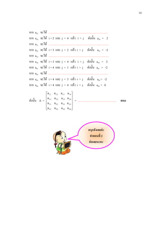 14

จาก
จาก
จาก
จาก
จาก
จาก
จาก
จาก
จาก
จาก

a23
a24
a31
a32
a33
a34
a41
a42
a43
a44

จะได้
จะได้
จะได้
จะได้
จะได้
จะได้
จะได้
จะได้
จะได้
จะได้

ดังนั้น A =

……………………………………………………..
i = 2 และ j = 4 แล้ว i < j ดังนั้น a24 = 2
………………………………………………………
i = 3 และ j = 2 แล้ว i > j ดังนั้น a32 = -2
………………………………………………………
i = 3 และ j = 4 แล้ว i < j ดังนั้น a34 = 2
i = 4 และ j = 1 แล้ว i > j ดังนั้น a41 = -2
………………………………………………………
i = 4 และ j = 3 แล้ว i > j ดังนั้น a43 = -2
i = 4 และ j = 4 แล้ว i = j ดังนั้น a44 = 0

a 11
a
 21
a 31

a 41

a 12 a 13 a 14 
a 22 a 23 a 24 

a 32 a 33 a 34 

a 42 a 43 a 44 

= ………………………………….. ตอบ

สนุกจังเลยค่ ะ
ทาตอนที่ 2
ต่ อเลยนะคะ

 