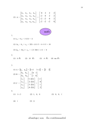 19

(3) A =

a11
a
 21
a 31

a 41

a12 a13 a14 
a 22 a 23 a 24 

a 32 a 33 a 34 

a 42 a 43 a 44 

=

 0 2
- 2 0

- 2 - 2

- 2 - 2

2
2
0
-2

2
2

2

0

ตอนที่ 2
1.
(1) a11 + b13 = 1+(-3) = -2
(2) 2a31 - b12 + c22 = 2(3) – (-1) +3 = 6 +1+3 = 10
(3) (a21 + 3b11) × c21 = ( 2+ 3(0) )



0 = 0

(1) 6 ตัว

(3) 4 ตัว

2.
(2) 10 ตัว

(4) mn ตัว

3.
(1) A = a11
(2) B =
(3) C =

a12 

= 1  1

b11 b12 
0
b
 = 
 21 b 22 
1
c11 
1 - 2(1) 
c 


 21 = 2 - 2(1) 
c31 
3 - 2(1) 
 


4 - 2(1) 
c 41

1  2

= 2

3

1
0


=

- 1 
 0
 
 1
 
 2

4.
(1) 3  3

(2) 1, 0, 0

(4) 1

(3) 0, 0, 1

(5) 0

“””””””””””””””””””””””””””””””””””””””
แล้วเจอกันชุด 2 นะคะ เรื่ อง การเท่ากันของเมทริ กซ์

 