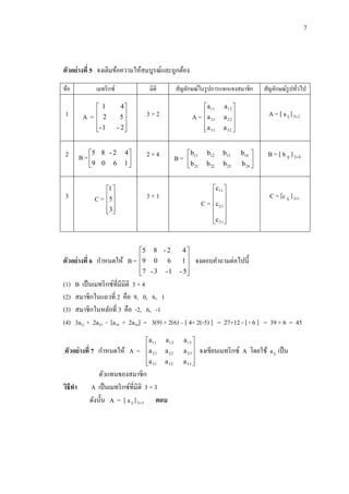 7

ตัวอย่างที่ 5 จงเติมข้อความให้สมบูรณ์และถูกต้อง
ข้อ

เมทริ กซ์

1

A=

2

 1
 2

- 1


B =


4
5

- 2


5 8 -2

9 0

6

C=

3

มิติ

(1)
(2)
(3)
(4)

3×2

A=

2×4

4
1


1 
5
 
3
 

ตัวอย่างที่ 6 กาหนดให้ B =

สัญลักษณ์ในรู ปการแจกแจงสมาชิก

B=

b11
b
 21

3×1

a 11
a
 21
a 31

b12

b13

b 22

b 23

C=

5 8 - 2
9 0 6

7 - 3 - 1


4
1

- 5


a 12 
a 22 

a 32 


สัญลักษณ์รูปทัวไป
่

A = [ a ij ] 3 2

b14 
b 24 


c11 
 
c 
 21
 
c31 

B = [ b ij ] 24

C = [c ij ] 31

จงตอบคาถามต่อไปนี้

B เป็ นเมทริ กซ์ที่มีมิติ 3 × 4
สมาชิกในแถวที่ 2 คือ 9, 0, 6, 1
สมาชิกในหลักที่ 3 คือ -2, 6, -1
3a21 + 2a23 - [a14 + 2a34] = 3(9) + 2(6) – [ 4+ 2(-5) ] = 27+12 - [ - 6 ] = 39 + 6 = 45

ตัวอย่างที่ 7 กาหนดให้ A =

วิธีทา

a11
a
 21
a 31


a12
a 22
a 32

ตัวแทนของสมาชิก
A เป็ นเมทริ กซ์ที่มิติ 3 × 3
ดังนั้น A = [ a ij ] 33 ตอบ

a13 
a 23 

a 33 


จงเขียนเมทริ กซ์ A โดยใช้ a ij เป็ น

 