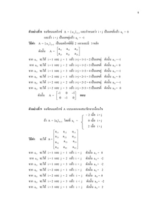 8

ตัวอย่างที่ 8 จงเขียนเมทริ กซ์ A = [ a ij ] 23 และกาหนดว่า i + j เป็ นเลขคี่แล้ว aij = 0
และถ้า i + j เป็ นเลขคู่แล้ว aij = -1
วิธีทา A = [ a ij ] 23 เป็ นเมทริ กซ์ที่มี 2 แถวและมี 3 หลัก
ดังนั้น A =
จาก a11
จาก a12
จาก a13
จาก a21
จาก a22
จาก a23

จะได้
จะได้
จะได้
จะได้
จะได้
จะได้

i=1
i=1
i=1
i=2
i=2
i=2

a11
a
 21

และ
และ
และ
และ
และ
และ

ดังนั้น A =

j
j
j
j
j
j

a 22

a13 
a 23 


1
2
3
1
2
3

i+j = 1+1 = 2 เป็ นเลขคู่
i+j = 1+2 = 3 เป็ นเลขคี่
i+j = 1+3 = 4 เป็ นเลขคู่
i+j = 2+1 = 3 เป็ นเลขคี่
i+j = 2+2 = 4 เป็ นเลขคู่
i+j = 2+3 = 5 เป็ นเลขคี่

a12

=
=
=
=
=
=

- 1
 0


0
-1

แล้ว
แล้ว
แล้ว
แล้ว
แล้ว
แล้ว

- 1
0


ตอบ

ตัวอย่างที่ 9 จงเขียนเมทริ กซ์ A แบบแจกแจงสมาชิกจากเงื่อนไข
- 2 เมื่อ i < j
ถ้า A = [aij] 43 โดยที่ aij =
0 เมื่อ i = j
2 เมื่อ i > j
วิธีทา
จาก a11
จาก a12
จาก a13
จาก a21
จาก a22
จาก a23
จาก a31

จะได้ A =
จะได้
จะได้
จะได้
จะได้
จะได้
จะได้
จะได้

i=1
i=1
i=1
i=2
i=2
i=2
i=3

 a11

 a 21
a
 31
 a 41


และ
และ
และ
และ
และ
และ
และ

a12
a 22
a 32
a 42

j
j
j
j
j
j
j

=
=
=
=
=
=
=

1
2
3
1
2
3
1

a13 

a 23 
a 33 

a 43 


แล้ว
แล้ว
แล้ว
แล้ว
แล้ว
แล้ว
แล้ว

i=j
i<j
i<j
i>j
i=j
i<j
i>j

ดังนั้น a11 = 0
ดังนั้น a12 = -2
ดังนั้น a13 = -2
ดังนั้น a21 = 2
ดังนั้น a22 = 0
ดังนั้น a23 = -2
ดังนั้น a31 = 2

ดังนั้น
ดังนั้น
ดังนั้น
ดังนั้น
ดังนั้น
ดังนั้น

a11 = -1
a12 = 0
a13 = -1
a21 = 0
a22 = -1
a23 = 0

 
