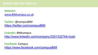 WHERE CAN YOU FIND US?
Website:
www.BIMcampus.co.uk
Twitter: @campusBIM
https://twitter.com/campusBIM
LinkedIn: BIMcampus
http://www.linkedin.com/company/3201332?trk=tyah
Facebook: Campus
https://www.facebook.com/campusBIM

 