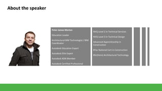 About the speaker

Peter James Morton
Education Leader
Architectural BIM Technologist / BIM
Coordinator

Autodesk Education Expert
Autodesk Elite Expert
Autodesk ADN Member
Autodesk Certified Professional

NVQ Level 2 in Technical Services
NVQ Level 3 in Technical Design
Advanced Apprenticeship in
Construction
BTec National Cert in Construction
BSc(Hons) Architectural Technology

 