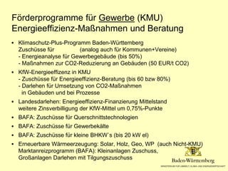 Förderprogramme für Gewerbe (KMU)
Energieeffizienz-Maßnahmen und Beratung
 Klimaschutz-Plus-Programm Baden-Württemberg

Z...