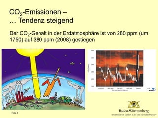 CO2-Emissionen –
… Tendenz steigend
Der CO2-Gehalt in der Erdatmosphäre ist von 280 ppm (um
1750) auf 380 ppm (2008) gestiegen

Folie 4

 