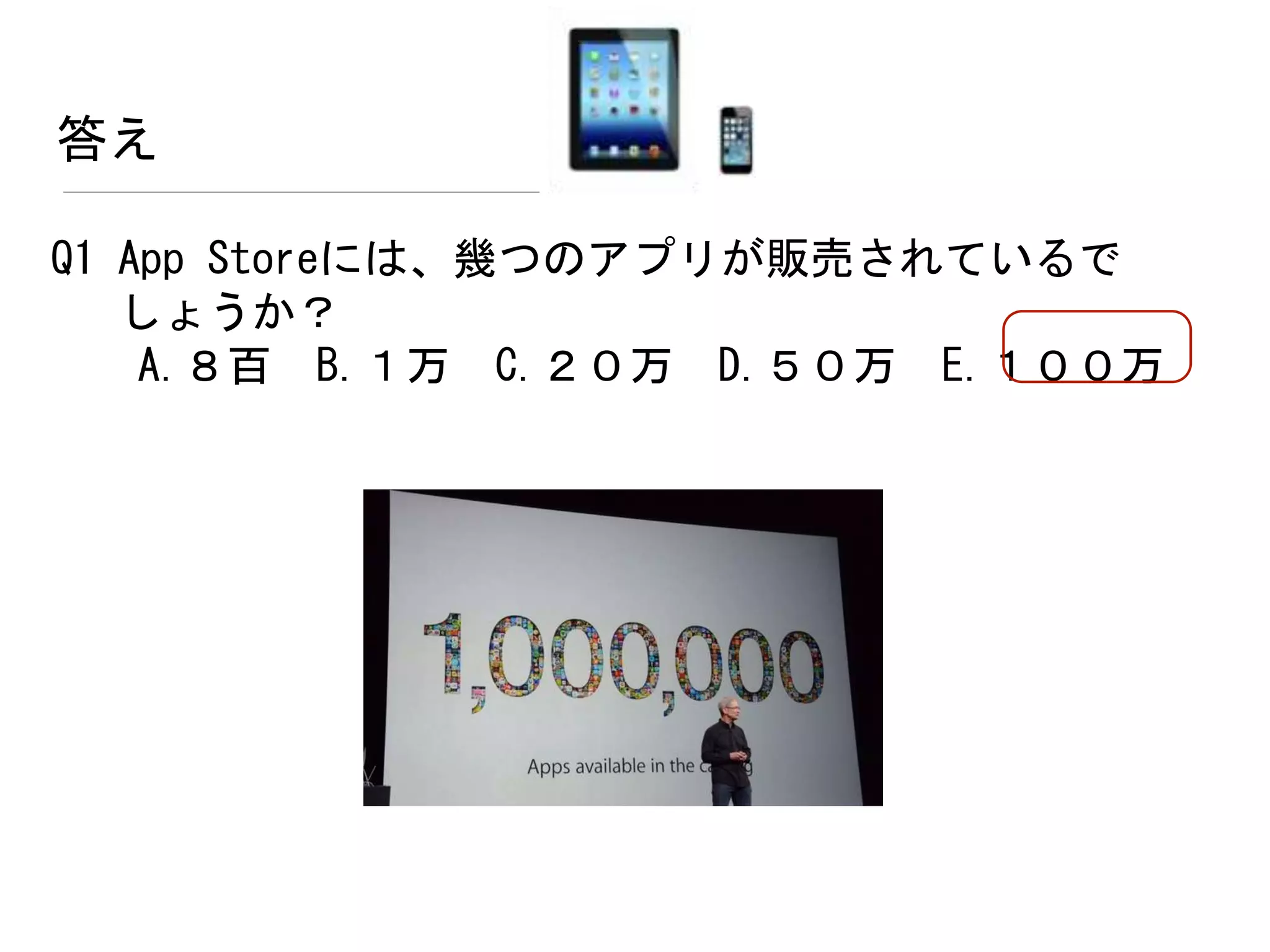答え
Q1 App Storeには、幾つのアプリが販売されているで
しょうか？
A.８百 B.１万 C.２０万 D.５０万 E.１００万
 