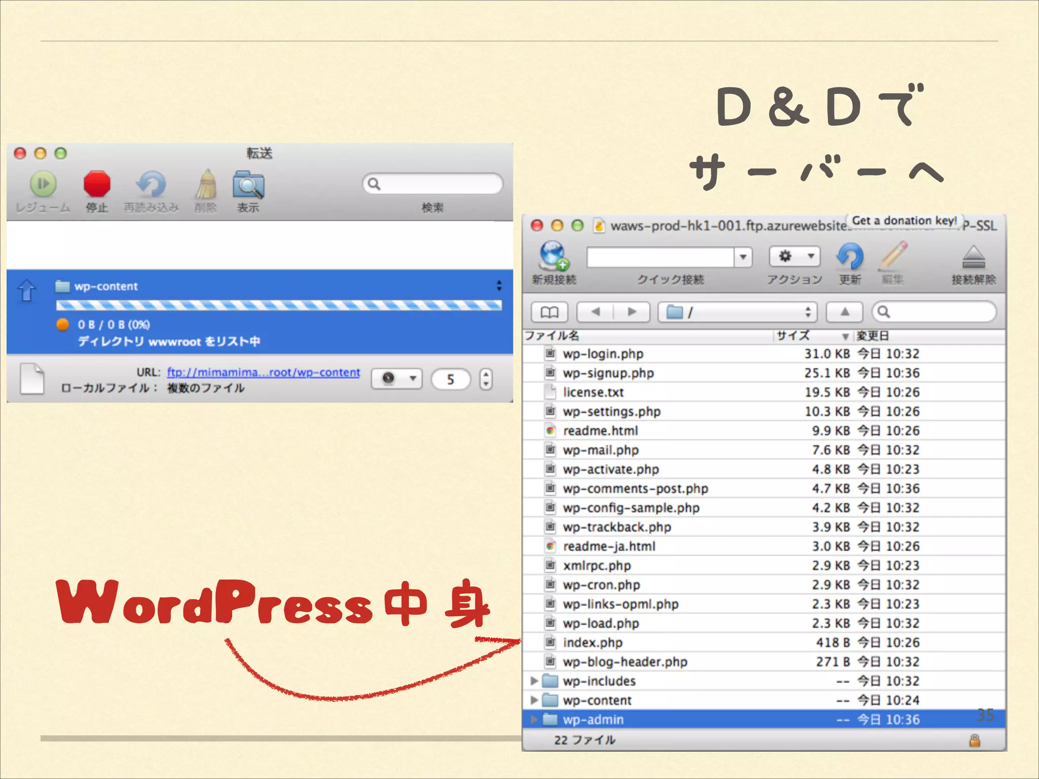 Ｄ＆Ｄで
サーバーへ

WordPress中身
35

 