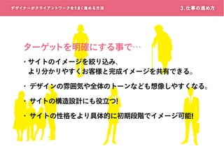 デザイナーがクライアントワークをうまく進める方 法

3 . 仕事の進め方

ターゲッ
トを明確にする事で…
・サイトのイメージを絞り込み、
より分かりやすくお客様と完成イメージを共有できる。
・ デザインの雰囲気や全体のトーンなども想像しやすくなる。
・ サイトの構造設計にも役立つ!
・ サイトの性格をより具体的に初期段階でイメージ可能!

 