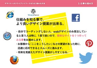 3 . 仕事の進め方

デザイナーがクライアントワークをうまく進める方 法

HEADE

R

仕組みを知る事で、
より良いデザイン提案が出来る。
DIV

・自分でコーディングしない人、webデザインのみ受注してい
ると言う人は特に、 度で良いので、簡単なサイトを 1 つ作って
1
みる事をお進めします。
N1
C O LU M

DIV

・お客様から
「ここをこうしたい」
などの要望があった時に、
迅速に応対できるとスムーズに進みます。

・将来を見据えたデザイン提案がしやすくなる。
F O OT E

R

 