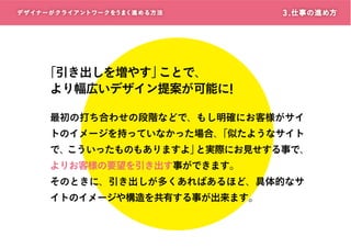 デザイナーがクライアントワークをうまく進める方 法

3 . 仕事の進め方

「引き出しを増やす」
ことで、
より幅広いデザイン提案が可能に!
最初の打ち合わせの段階などで、もし明確にお客様がサイ
トのイメージを持っていなかった場合、
「似たようなサイト

で、
こういったものもありますよ」
と実際にお見せする事で、
よりお客様の要望を引き出す事ができます。
そのときに、引き出しが多くあればあるほど、具体的なサ
イトのイメージや構造を共有する事が出来ます。

 