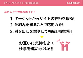 デザイナーがクライアントワークをうまく進める方 法

3 . 仕事の進め方

進める上で大事なポイント

トからサイトの性格を探る!
1. ターゲッ
2. 仕組みを知ることで応用力を!
3. 引き出しを増やして幅広い提案を!

お互いに気持ちよく
仕事を進められる!!

 