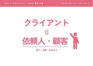 デザイナーがクライアントワークをうまく進める方 法

1. クライアントワークについて

クライアント
依頼人・顧客
個人・企業・お店 など

 