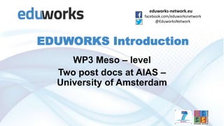eduworks-network.eu
facebook.com/eduworksnetwork
@EduworksNetwork

EDUWORKS Introduction
WP3 Meso – level
Two post docs at AIAS –
University of Amsterdam

 