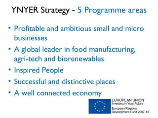 YNYER Strategy - 5 Programme areas
• Profitable and ambitious small and micro
businesses
• A global leader in food manufacturing,
agri-tech and biorenewables
• Inspired People
• Successful and distinctive places
• A well connected economy