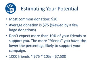 Estimating Your Potential
• Most common donation: $20
• Average donation is $75 (skewed by a few
large donations)
• Don’t expect more than 10% of your friends to
support you. The more “friends” you have, the
lower the percentage likely to support your
campaign.
• 1000 friends * $75 * 10% = $7,500

 