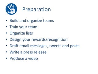 Preparation
•
•
•
•
•
•
•

Build and organize teams
Train your team
Organize lists
Design your rewards/recognition
Draft email messages, tweets and posts
Write a press release
Produce a video

 