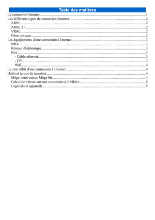 Table des matières
La connexion Internet....................................................................................................................1
Les différents types de connexion Internet....................................................................................2
ADSL ........................................................................................................................................2
ADSL 2+....................................................................................................................................2
VDSL.........................................................................................................................................2
Fibre optique..............................................................................................................................3
Les équipements d'une connexion à Internet.................................................................................3
NRA...........................................................................................................................................3
Réseau téléphonique..................................................................................................................3
Box.............................................................................................................................................3
- Câble ethernet......................................................................................................................3
- CPL......................................................................................................................................3
Wifi........................................................................................................................................4
Le vrai débit d'une connexion à Internet........................................................................................4
Débit et temps de transfert.............................................................................................................4
Méga-octet versus Méga-bit......................................................................................................4
Calcul de vitesse sur une connexion à 2 Mbit/s.........................................................................5
Logiciels et appareils.................................................................................................................5
 