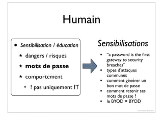 Humain
• Sensibilisation / éducation
★

dangers / risques

★

mots de passe

★

comportement
✦

! pas uniquement IT

Sensibilisations
•
•
•
•
•

“a password is the ﬁrst
gateway to security
breaches”
types d’attaques
communes
comment générer un
bon mot de passe
comment retenir ses
mots de passe ?
le BYOD = BYOD
(c) Pierre-Olivier Bourge 2013

 