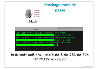 Stockage	
  mots	
  de	
  
passe
Hash

hash : md4, md5, sha-1, sha-2, sha-3, sha-256, sha-512,
RIPEMD, Whirpool, etc.
(c) Pierre-Olivier Bourge 2013

 